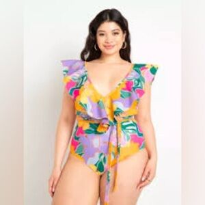 Eloquii Front and Back Ruffles at Neckline with Low V Neckline Waist Tie Size 16